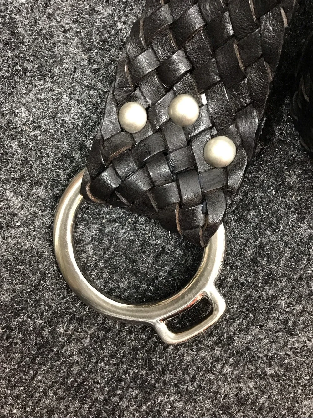 Vintage Y2K wide black leather woven hip belt silver ring buckle